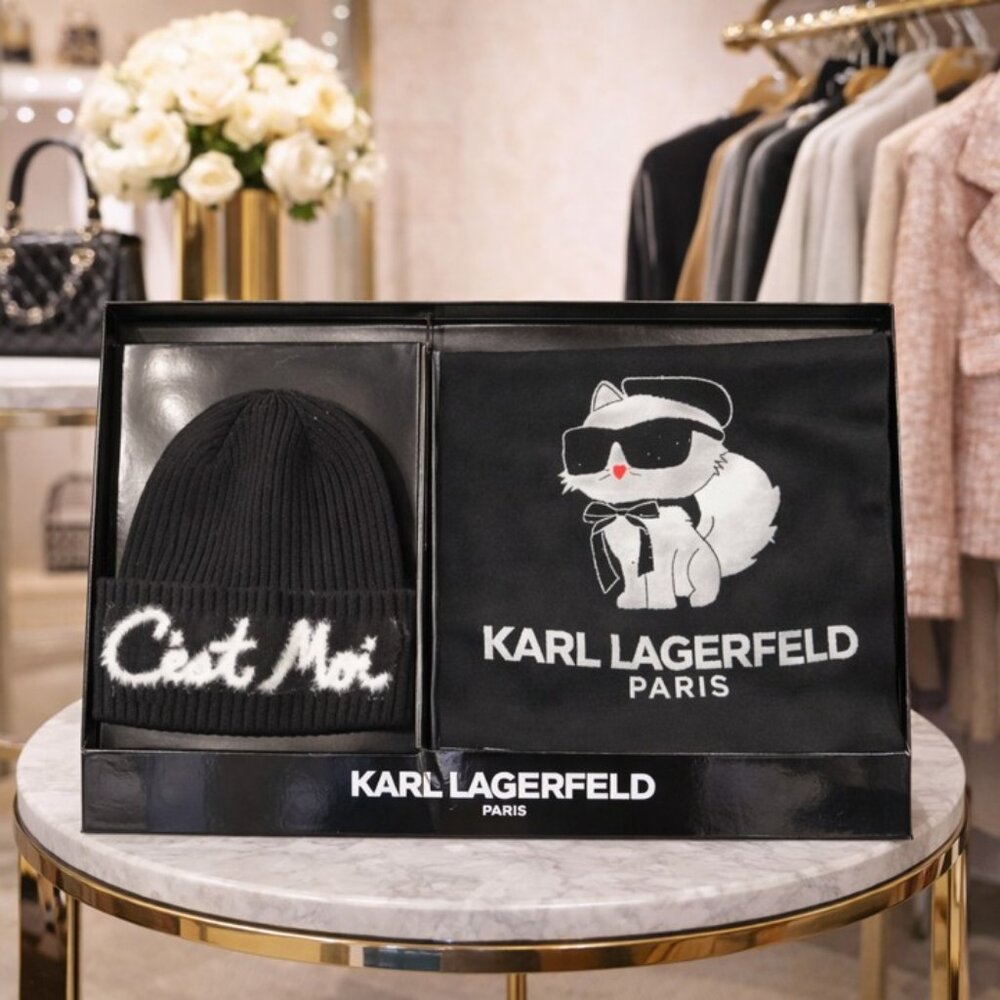 Karl Lagerfeld Paris Beanie & Scarf Gift Set Black C’est Moi Cat Rhinestone NIB
